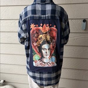 Frida Kahlo Upcyled Flannel Shirt Size Large L Unisex